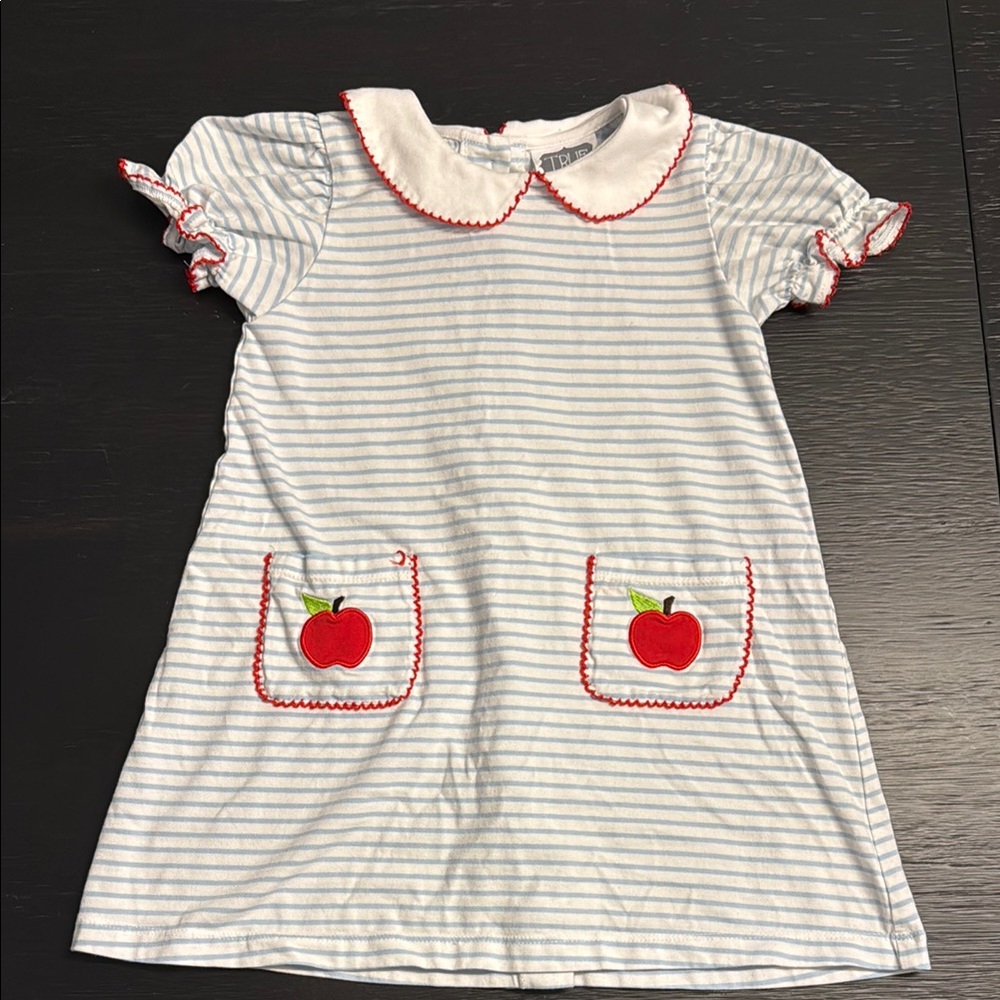 Striped Blue and White Kids Dress with Apple Pockets